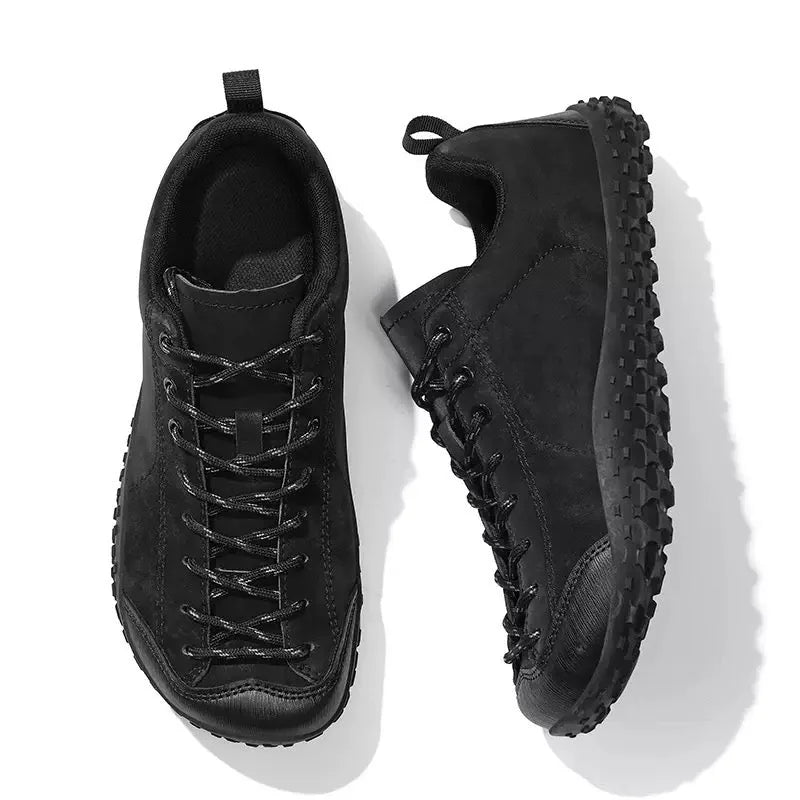 Pair of black wide toe walking trainers shown from above and the side