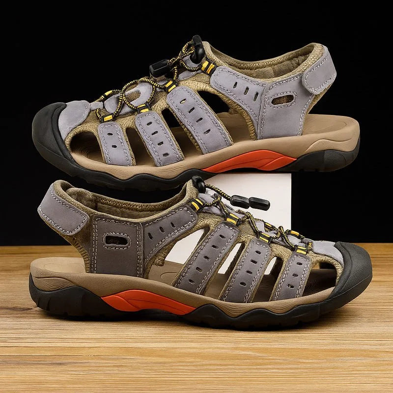 Light brown men's closed toe sandals, side studio view