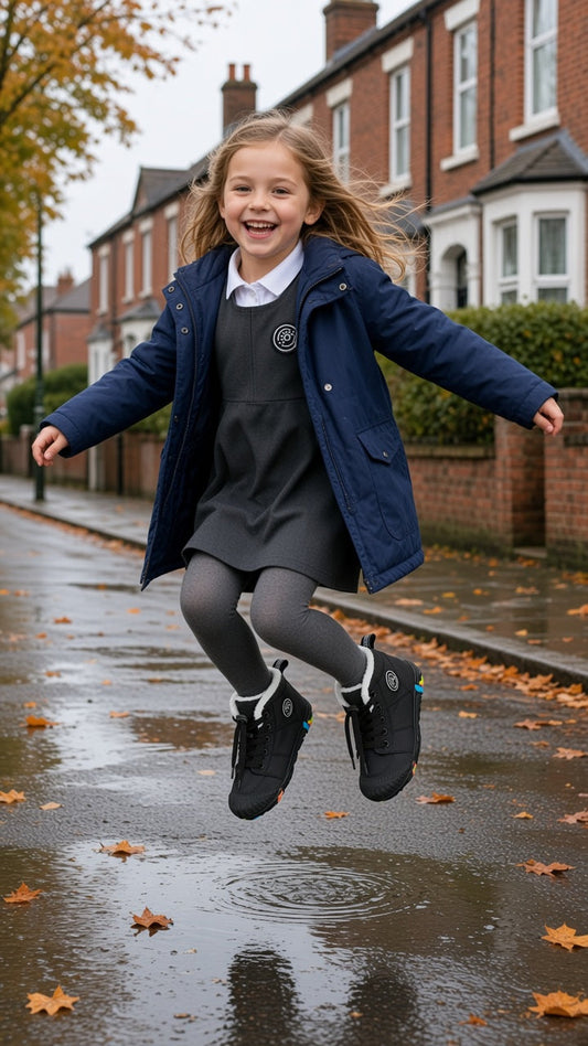 Child in waterproof winter boots on a rainy school run