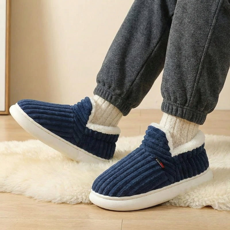 EaseLane unisex corduroy slipper boots – navy slipper boots worn indoors