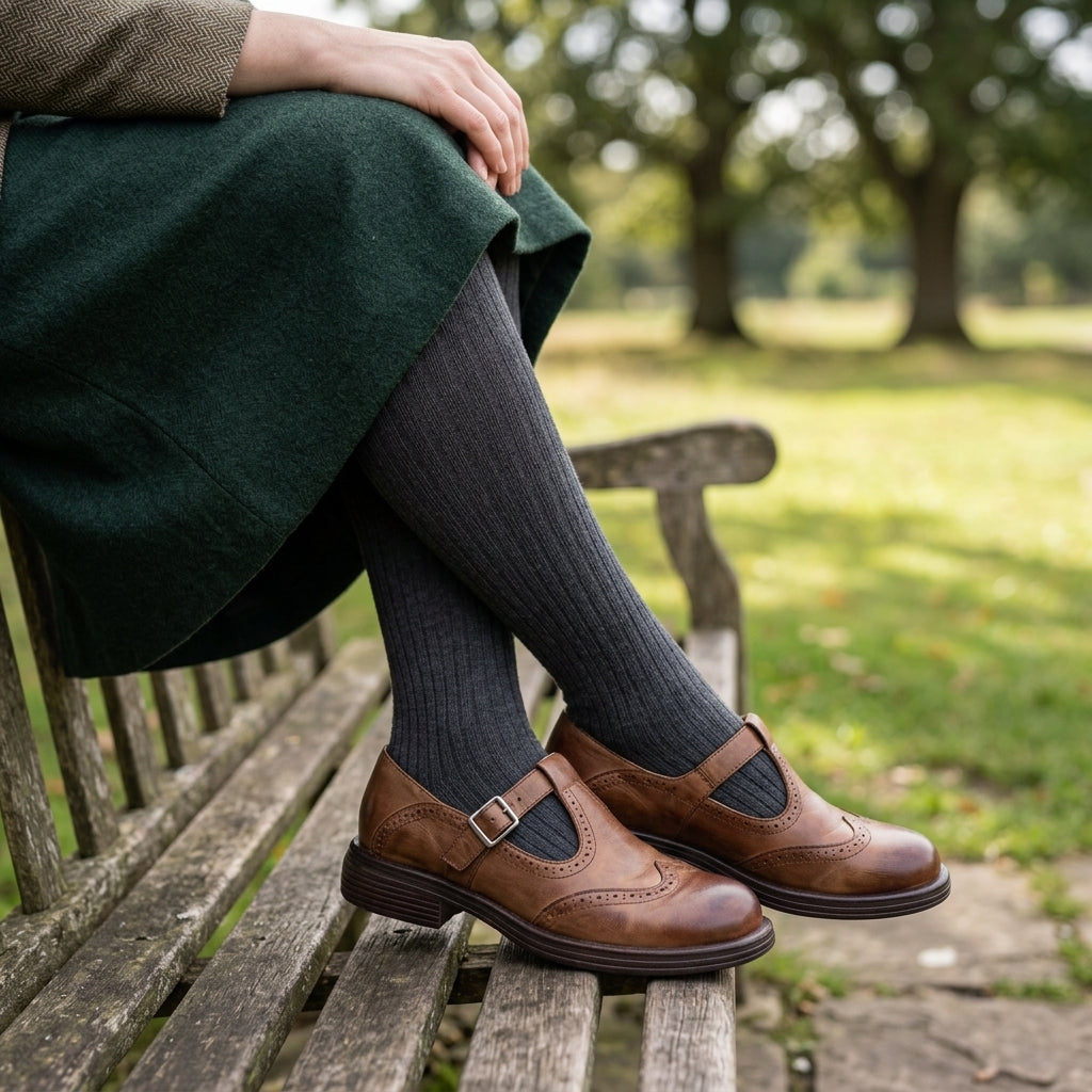 Brown women's Mary Jane brogue shoes styled with tights and a green skirt on a park bench