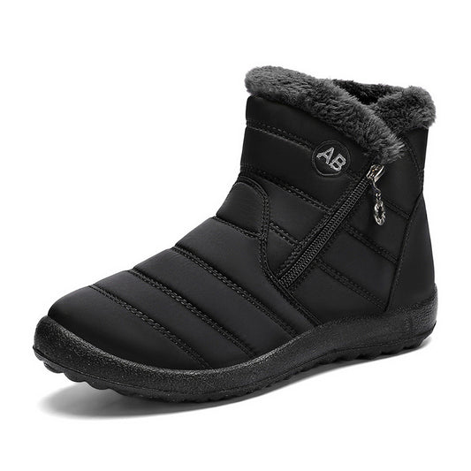 Black quilted winter ankle boot with a side zipper and fleece collar