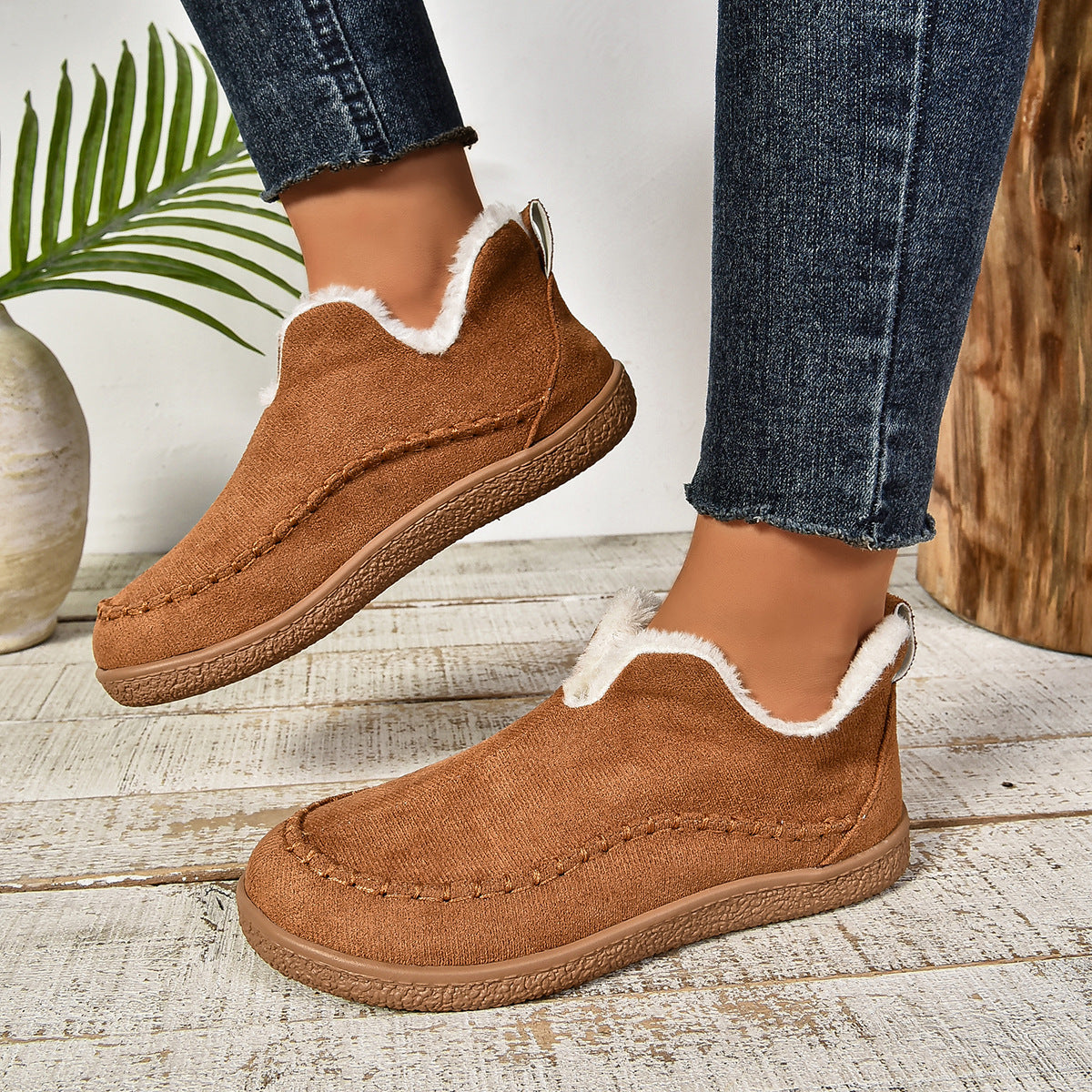 EaseLane women's fleece-lined winter slip-on shoes – tan shoes worn from the side