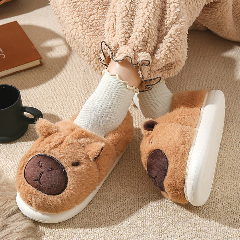 EaseLane women's fluffy capybara slippers – brown pair worn indoors