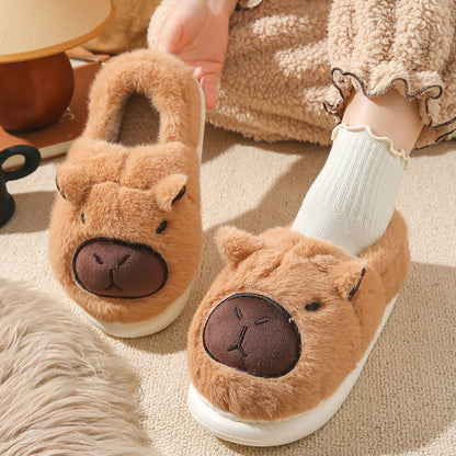 EaseLane women's fluffy capybara slippers – brown pair worn from the front