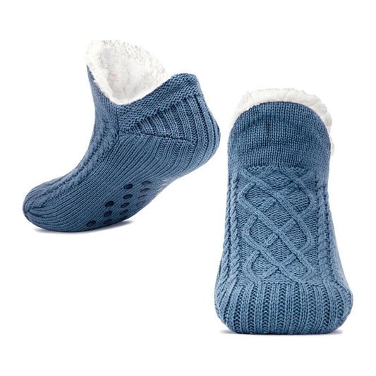 EaseLane unisex soft fleece-lined slipper socks – blue pair in front and sole views