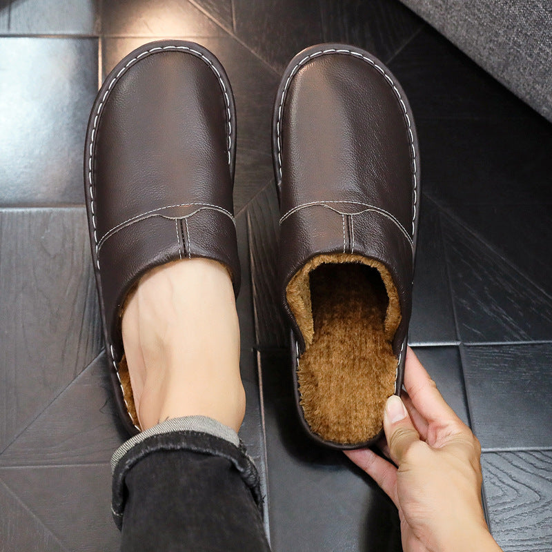 EaseLane warm wide fit leather slippers – dark brown slipper worn with matching pair held