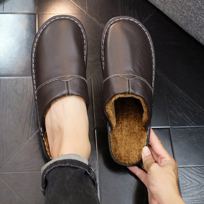 EaseLane warm wide fit leather slippers – dark brown slipper worn with matching pair held