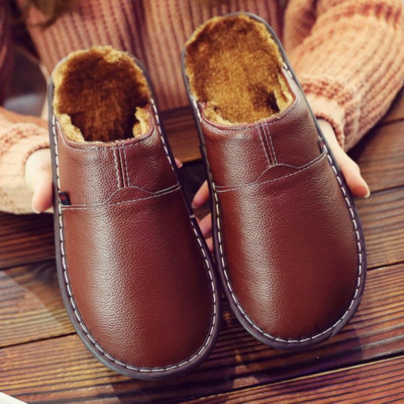 EaseLane warm wide fit leather slippers – brown pair showing warm lining
