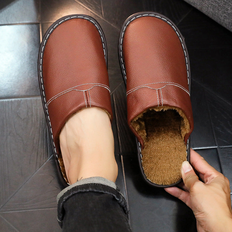 EaseLane warm wide fit leather slippers – brown slipper worn with matching pair held