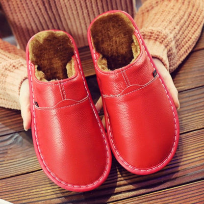 EaseLane warm wide fit leather slippers – red pair showing warm lining