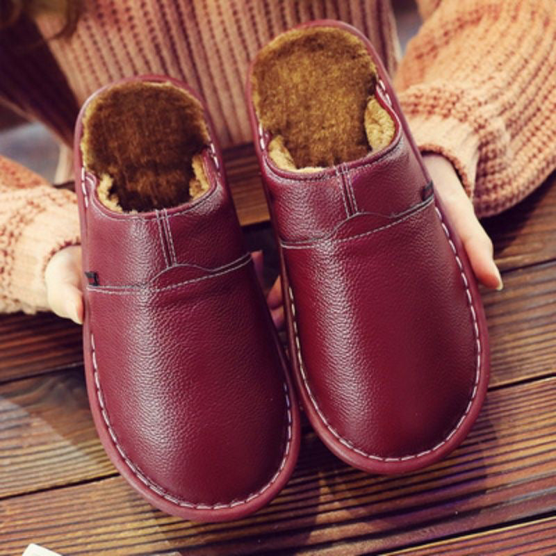 EaseLane warm wide fit leather slippers – burgundy pair showing warm lining