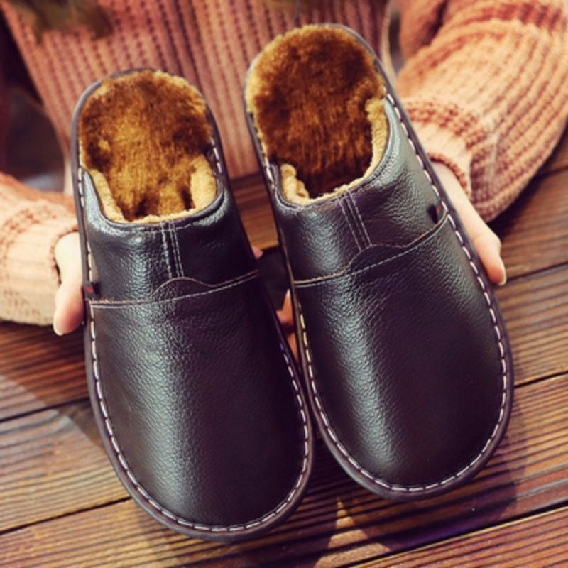 EaseLane warm wide fit leather slippers – dark purple pair showing warm lining