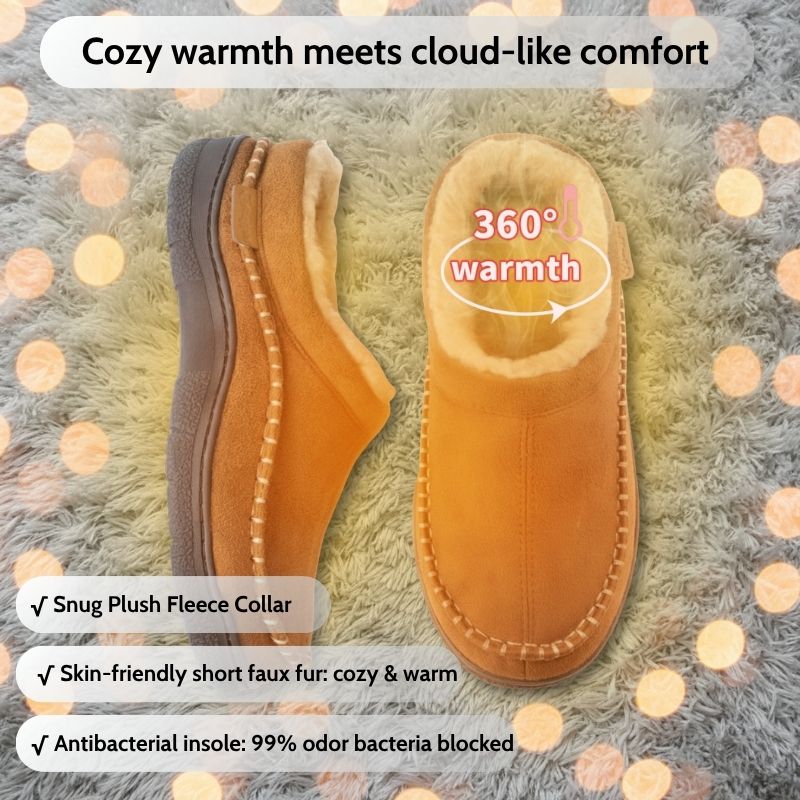 Brown fleece-lined moccasin slipper with lining and warmth details