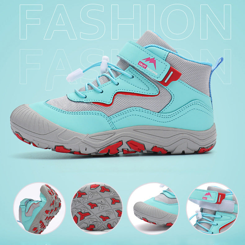 Turquoise and grey boot with red trim, plus close-ups of the sole, toe and fastening.