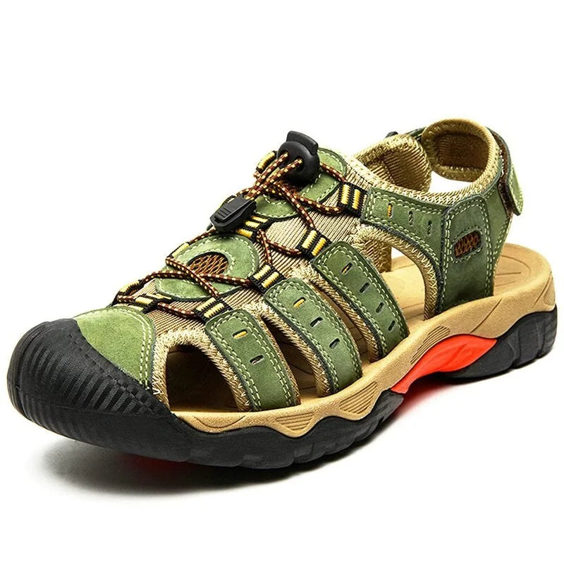 Men's closed toe sandals in army green, three-quarter studio view