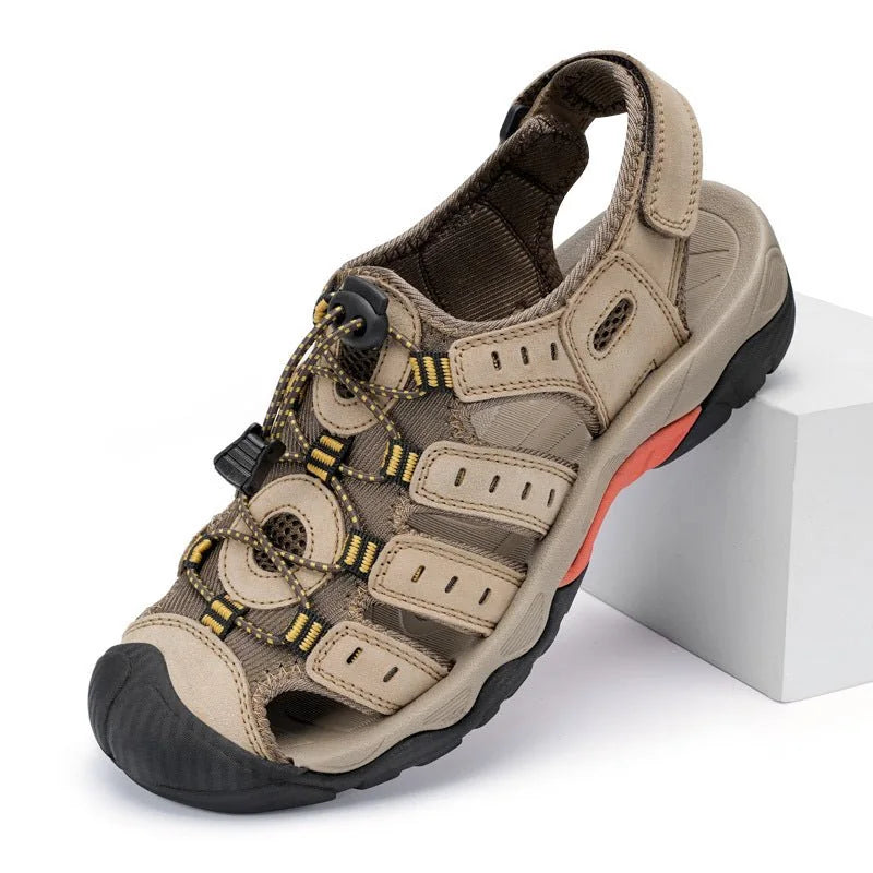 Khaki men's closed toe sandal, three-quarter studio view