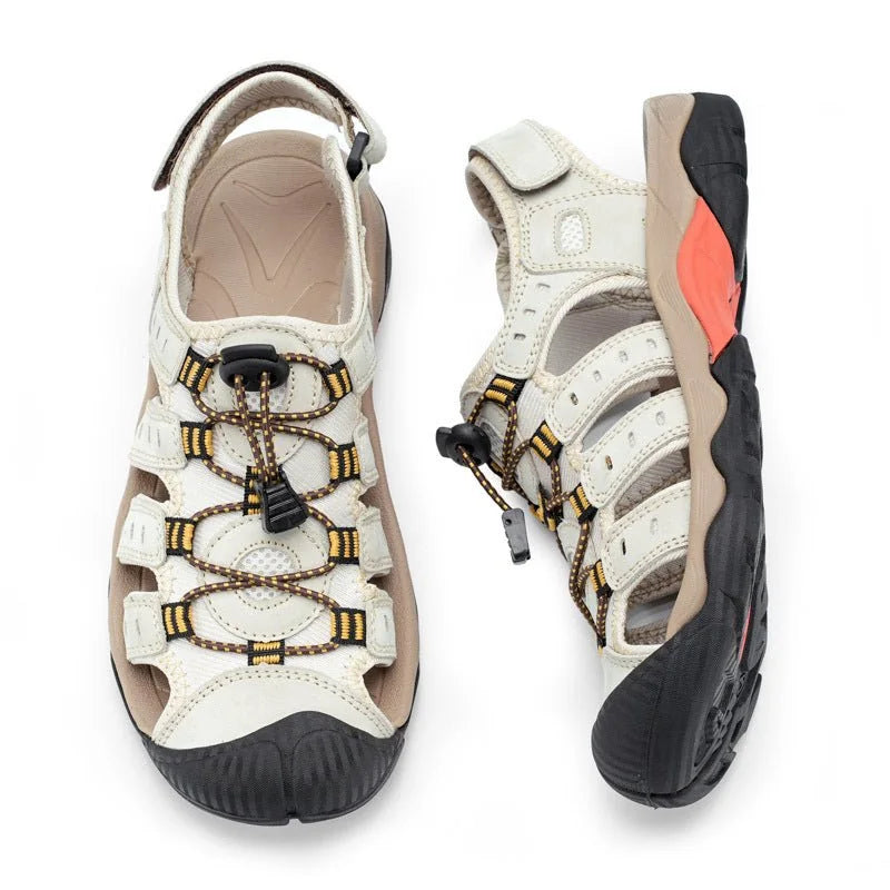 White men's sandal shown from the top with outsole side view