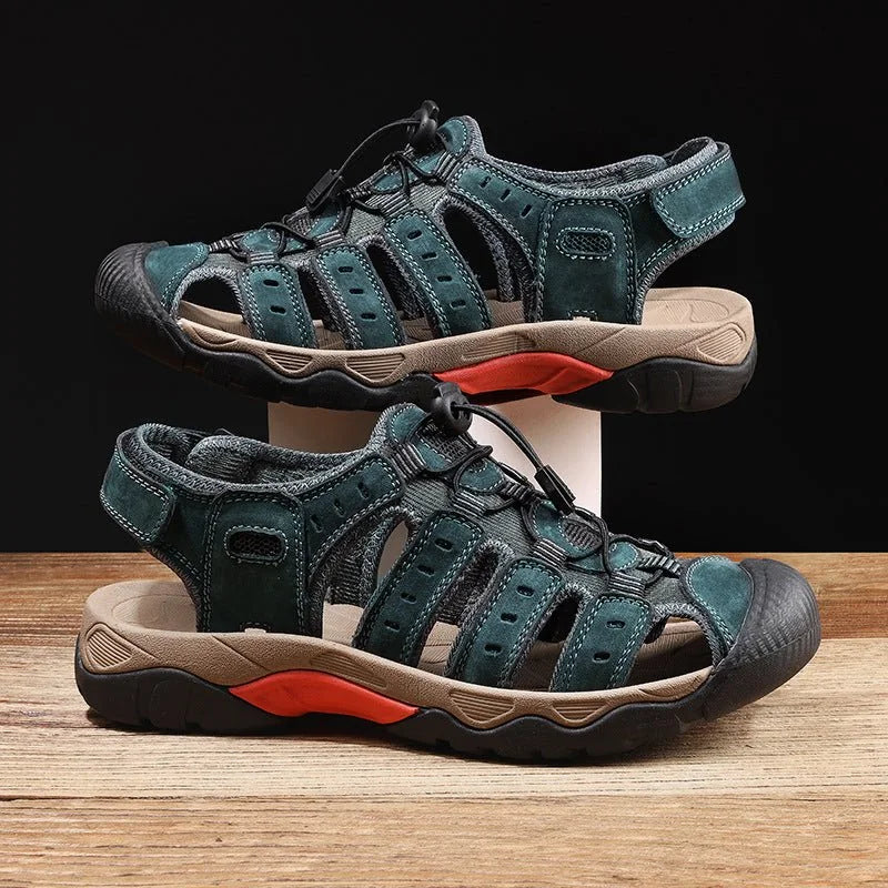 Grey blue men's outdoor sandals, side studio view