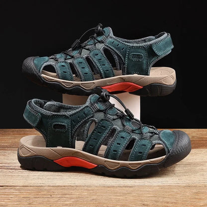 Grey blue men's outdoor sandals, side studio view