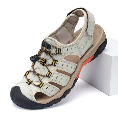 Grey purple men's outdoor sandal, three-quarter studio view