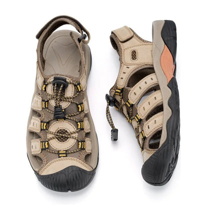 Khaki men's sandal shown from the top with outsole side view