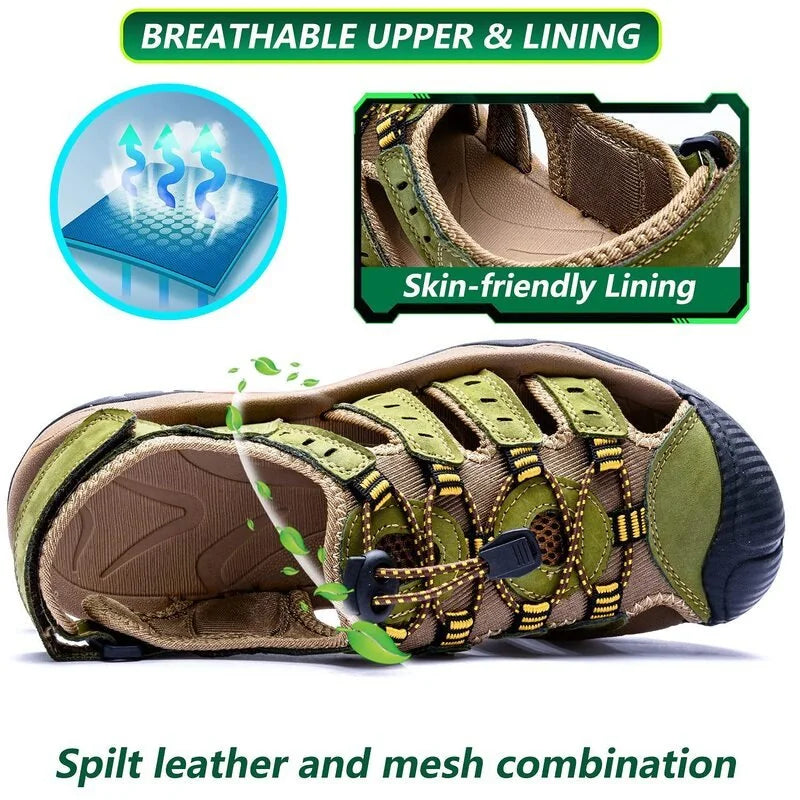 Infographic showing mesh panels and inner lining on an army green sandal