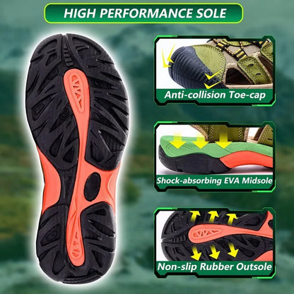 Men's green closed-toe walking sandals with outsole and toe cap details