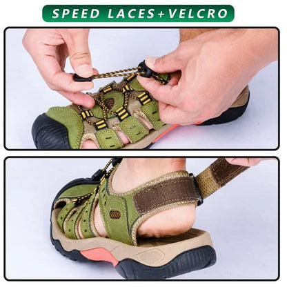 Close-up of quick laces and adjustable heel strap on army green sandals