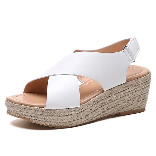 White wedge espadrille sandals for women, side studio view
