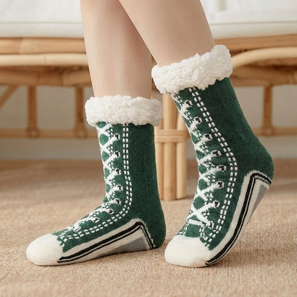 Fleece-lined sneaker-style slipper socks – green pair worn indoors
